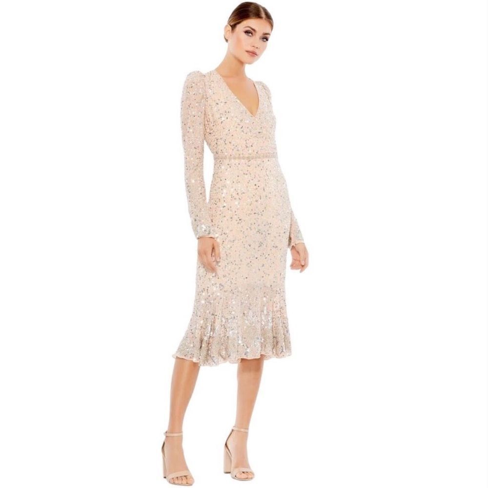 NWOT Mac Duggal Sequin Embellished Nude Silver Faux Wrap Dress FLAW